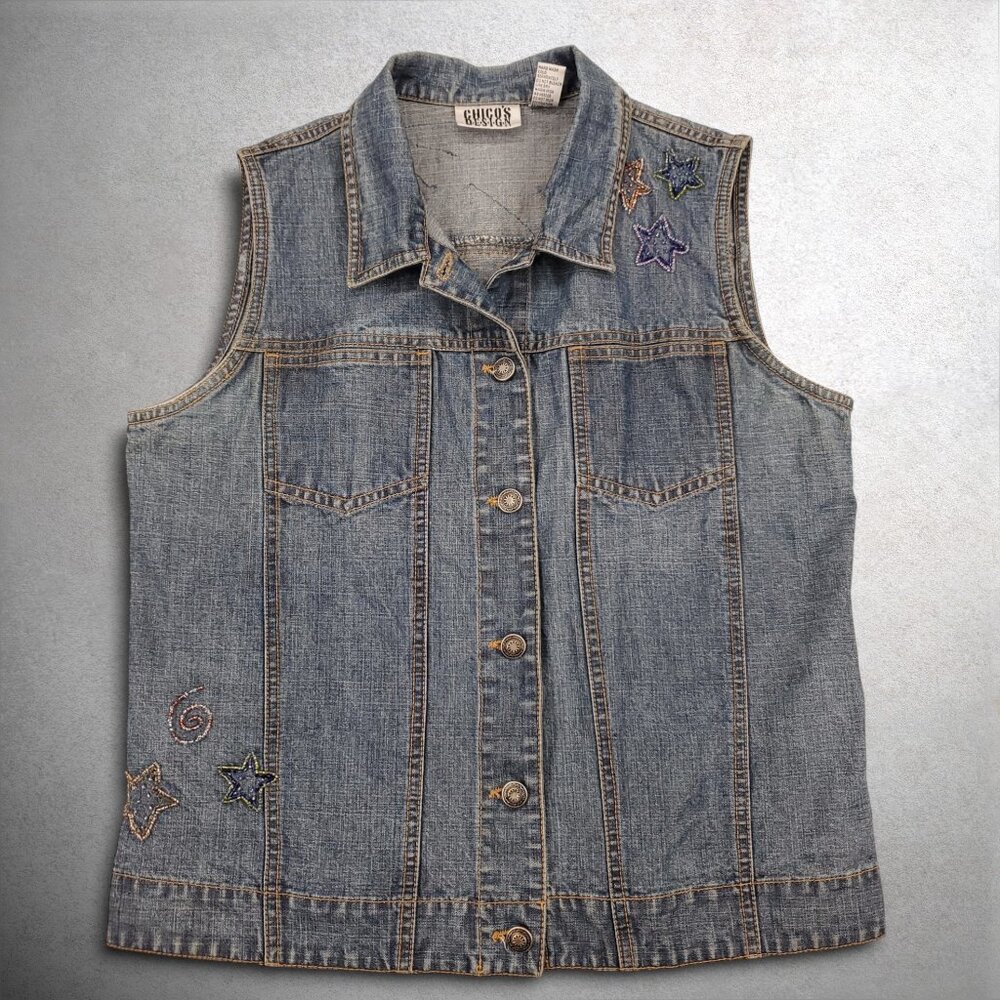 Chicos Design Embellished Denim Vest Jacket Womens 1 Blue Beaded Stars Retro Boh